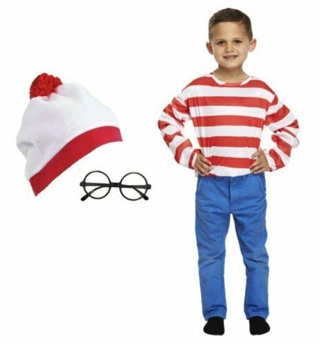 Lizzy Wally Boys & Girls Unisex Red & White Striped T-Shirt, Hat & Glasses | Kids Children's Fancy Dress Costume For Book Week Day, School Cosplay Party