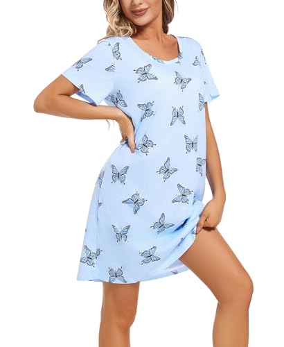 Image of ENJOYNIGHT Womens Cotton Nightgown Short Sleeve Sleepshirt Print Nightshirt | Short-Sleeve Crew Neck, Soft Cotton Fabric, Cartoon Printed Sleep Shirt, Loose Fit