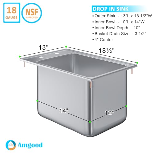 Image of Stainless Steel 1 Compartment Drop-In Sink Bowl 10 in. x 14 in. x 10 in.