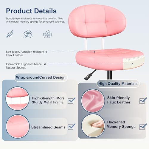 Image of Misolant Vanity Chair with Back, Small Armless Cute Office Chair with Wheels and Lumbar Support, Comfy PU Leather Desk Computer Chairs with Adjustable Height, 360Swivel for Home Bedroom Office, Pink