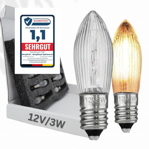 10x Glühbirne 'Berglämpl' E10 12V/3W Riffelkerze Spitzkerze Topkerze...