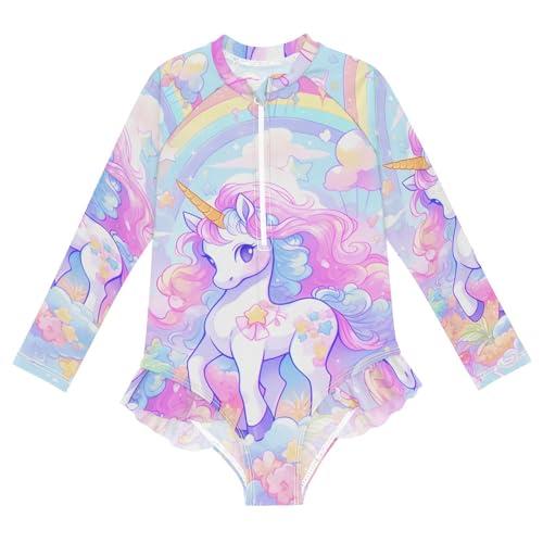 Girls Long Sleeve Swimsuit Cute Unicorn One Piece Bathing Suit with Ruffle Butt UPF 50+ Sun Protection Rash Guard