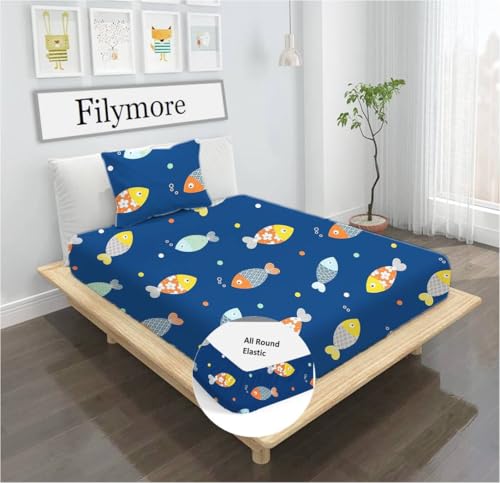 Image of Filymore Cute Fish Elastic Fitted 3-Piece Kids Bedding Set - Single Bed Comforter with Matching Fitted Single Bedsheet & Pillow Cover - Soft Design for Children's Room(Blue and Yellow)(90X60) inch