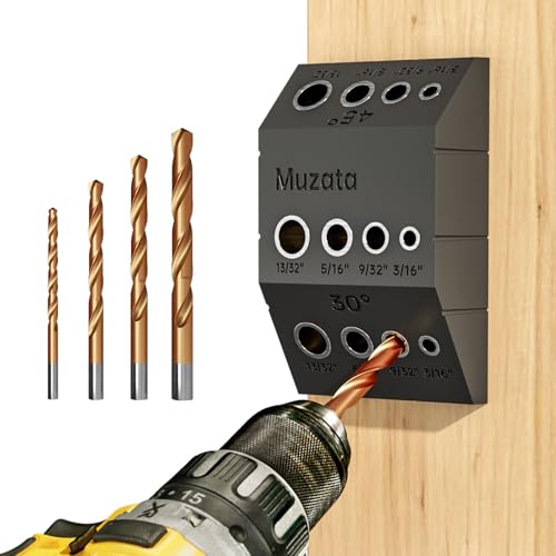 Image of Muzata Upgraded Multi Angle Drill Guide Jig with 4 drill bits 30 45 90 Degree Portable Drilling Template 4 Sizes for Horizontal Angle Wood Post 3/16 1/8 Cable Railing Hardware Kit Tool CT24