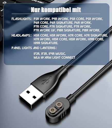 Ermorgen 1 Stück Ladekabel Kompatibel mit LEDLENSER P&H Models für P7R P6R P5R P18R H5R H7R H15R HF6R HF8R USB-A zu Magnetischem Ladegerät - Schwarz