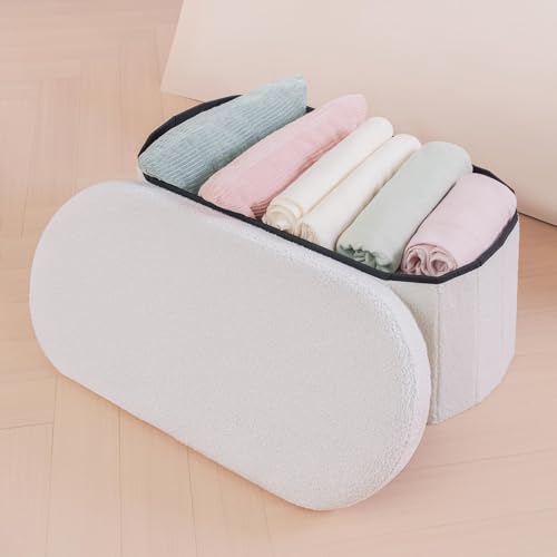 Image of B FSOBEIIALEO Ottoman with Storage for Living Room, Sherpa Folding Storage Ottoman Foot Rest, 30 Inches Collapsible Bedroom Bench White Cream