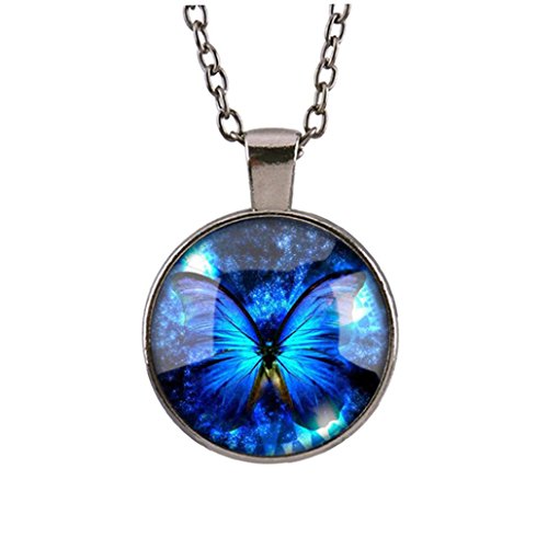 Necklace, Hatop Vintage new Butterfly blue Cabochon Silver plated Glass Chain Pendant Necklace