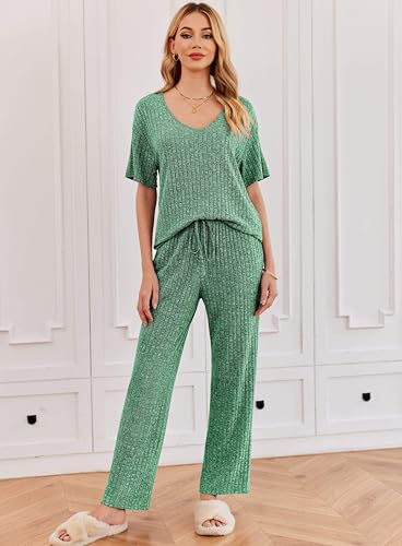 Image of Ekouaer Womens Ribbed Knit Lounge Set Short Sleeve Top and Long Pants Sleepwear Pajama Set Two Piece Matching Outfits Set