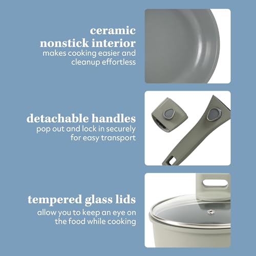 Sur La Table Kitchen Essentials 13 Piece Detachable Handle Pots and Pans Premium PFA Free Premium Ceramic Non Stick Induction Safe and Secure Removable Handle Cookware Set - Juniper Green - Image 6