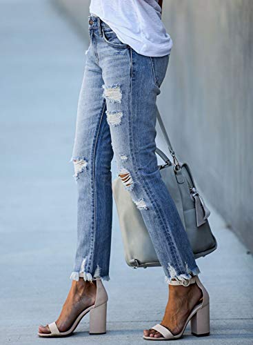 Sidefeel Women Patchwork Destroyed Raw Hem Jeans Ripped Hole Denim Pants - Image 4