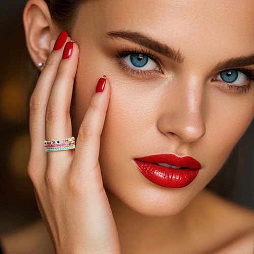 Gold Stacking Rings for Women Non Tarnish,14k Real Gold Plated Colored Diamond Rings for Women Elegant Eternity Band Pinky Ring Stack Personalized Jewelry Gift3