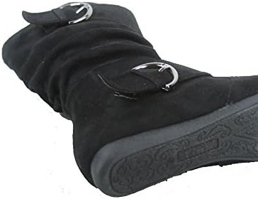 Link Klein-70K Girl's Kid's Faux Suede Two Buckle Zipper Flat Heel Mid Calf Slouchy Boot Shoes,Black,9 | Image 3