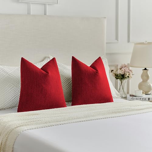 FUTEI Red Chenille Decorative Throw Pillow Covers 16x16 Inch Set of 2,Soft Cozy Faux Linen Textured Cushion Case,Farmhouse Home Decor for Couch Living Room