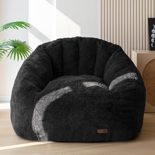 Image of MAXYOYO Giant Bean Bag Chair, Oversized Bean Bag Couch for Adults and Kids, Faux Fur Shell-Shaped Large Chair with Filler, Stuffed Big Accent Sofa Lounge Floor Sofa for Gaming, Reading, Black