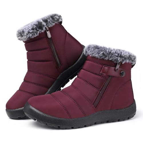 SHIBEVER Women Winter Snow Boots: Womens Fur Lined Warm Waterproof Booties Non Slip Red Size 8 Outdoor Walking Ankle Boot