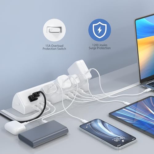 Image of Jgstkcity Desk Clamp Power Strip,Edge Mount,65W USB C,1200J,White | 4 USB-C Ports,Fit 1.96'' Tabletop,1875W Extension Cord,ETL Listed,Outlet Extender Desk Organizer,Office,Gaming,Dorm