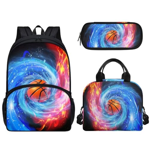 Set 3 in 1 di borse scolastiche per bambini e ragazze zaino a tracolla di grande capacità borsa termica per il pranzo astuccio con cerniera Fiamma Basket