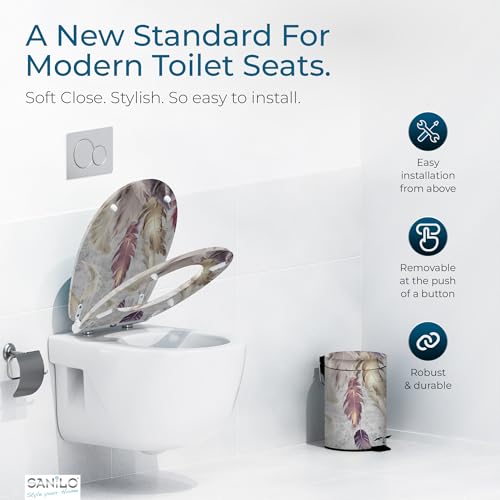 Image of Sanilo Wooden Toilet Seat with Quick Release & Soft Close [ROUND] - Decorative & Slow Close Molded Wood Seat - With One Click for Easy Installation & Cleaning - With Adjustable Fit (Feathers)