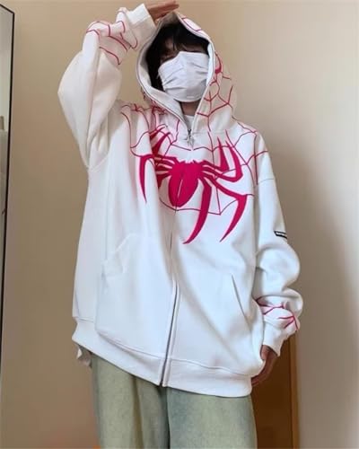 ORANDESIGNE Men's Women's Zip Hoodie Spider Print Hoodie Hip Hop Fashion Casual Velvet Lining Loose Sweater Cardigan C White XS - Image 5