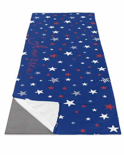 BOSIJOY Yoga Mat Towel,Independence Day Patriotic Star Non Slip Sweat Absorbent Hot Yoga Towels with Corner Pockets,Red White Pentagram on Blue Soft Microfiber Towel for Pilates Bikram 70