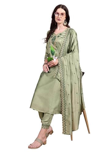 Pratham Blue Women's Silk Embroidered Straight Kurta Palazzos With Dupatta |Kurta Set For Women |Women Kurta |Women Embroidered Kurta Sets Kurtis (Bkp-1038-Xl_Green)