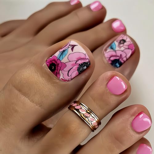 24Pcs Pink Roses Press on Toenails Flower Fake Toe Nails Short Sq...
