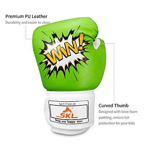 Kids Boxing Gloves, SKL Boxing Gloves for Kids Boys Girls 3-15 Junior Youth Boxing Gloves Toddler Boxing Gloves Training Boxing Gloves for Punching Bag Kickboxing Muay Thai, MMA (GreenWhite)