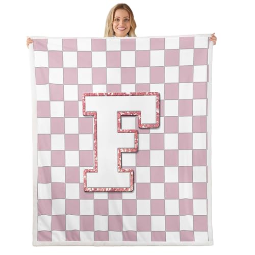 Image of Erosebridal Pink Initial F Fuzzy Plush Throw Kawaii Plaid Checkered Fleece Blanket Cute Personalized Monogram Sherpa Blanket for Kids Girls,Fashion Grids Gingham Decor for Bed Couch 40 inchx50 inch