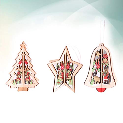 BESTOYARD 3 peças de pingentes de Natal estéreo vazados decorações de madeira em formato de estrela