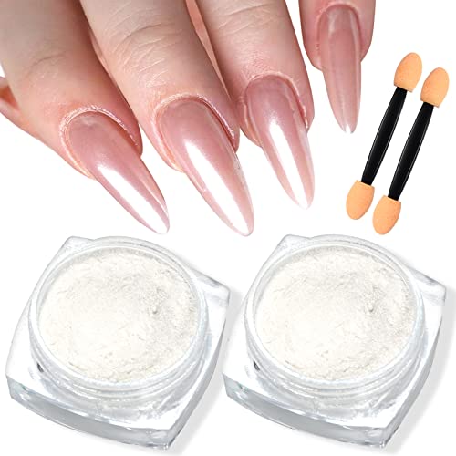 U-Shinein 2Pcs Pearl Chrome Nail Powder, Pearlescent White Nail Powder Pigment, High Gloss Glitter Nail Art, Holographic Ice Aurora Dust Nail Powder, Nail Diy Metallic Pigment Powder With Sponge Stick #TOP24