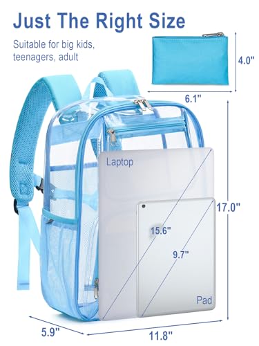 Image of Heavy Duty Clear Backpack For Kids Women Men Boys Girls, 17 Inch Large See Through Backpack, Clear Bookbag With An Extra Pouch Accessories, Transparent Bag For School College Work, Light Blue