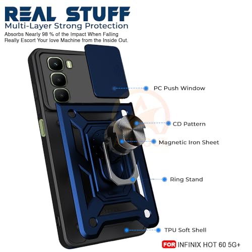 Image of Armor Bumper Back Cover Case for Infinix Hot 60 5G | Rotating Camera Cover, Ring Holder & Kickstand | Heavy Duty & 360 Degree Protection Infinix Hot 60 5G Back Cover (Blue)