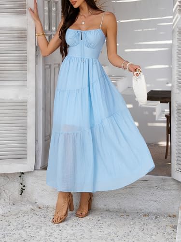 Image of Sumleno Summer Spring Dresses for Women 2026 Corset Spaghetti Strap Flowy Maxi Dress Vacation Beach Wedding Guest Outfits