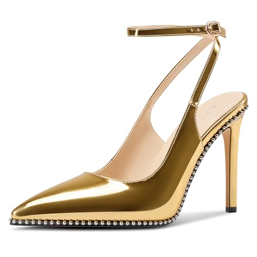 Aachcol Womens Ankle Strap Pointed Toe Beaded Pumps Slingback Stiletto High Heels Wedding Prom Patent Leather Dress Shoes 3.9 Inches Heels
