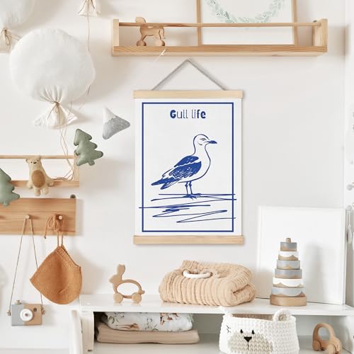 Image of PQKIY Funny Blue Coastal Seagull Bird Wall Art Poster Hanger Frame 12x16 in, Blue and White Nautical Ocean Bird Beach Wall Decor Canvas Prints for Beach House Room Home Bedroom