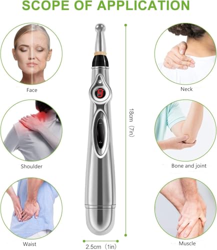 MQUPIN Acupunctuurpen, elektronische acupunctuurpen, elektronische massagepen met 5 massagekoppen, massagepen, meridiaanenergiepen, therapieapparaat voor pijnverlichting - Afbeelding 5