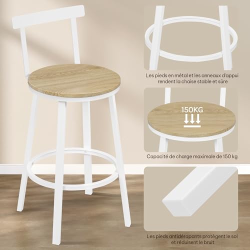 Tabouret de bar lot de 4 chêne clair avec repose-pieds et dossier