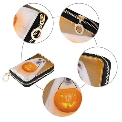 Funny Dog Ghost in Pumpkin Lantern Or Light RFID Credit Card Holder Wallets for Women, Leather Zipper Card Case Accordion Wallet for Women Girls3