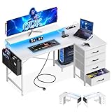ODK Scrivania Gaming Angolare, 140x80x84.7cm Scrivania Angolare Reversibile con 4 Cassetti, Tavolo a Forma di L con LED e 2 Porte di Ricarica USB e 2 Prese di Corrente per Casa Ufficio, Bianco