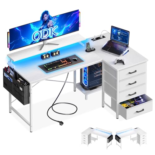 ODK Eckschreibtisch Weiß mit 4 Schubladen, 140x80cm Reversible Schreibtisch L Form mit 2 Steckdosen und 2 USB Ladeanschluss, Gaming Tisch L Form mit LED&Monitorständer für Home Office