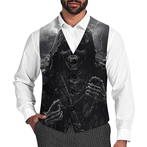 Grim Reaper with Lightning Men's Suit Vest Slim Fit V-Ncek Waistcoat Business Casual Vest