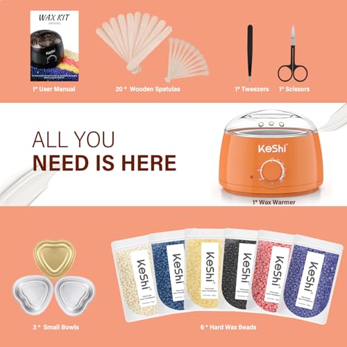 Image of KeShi Waxing Kit, Painless Hair Removal Wax Warmer with 6 Bags Hard WaxBeans for Full Body, Legs, Face, Eyebrows & Bikini- Ideal for Both Women & Men(Orange)