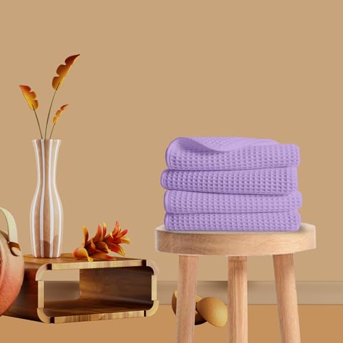 Image of Pure Cotton Waffle Towel | Lightweight | Anti-Microbial and Water Absorbent | Soft Touch Quick Drying Hand Towels (Lavender, Pack of 4)
