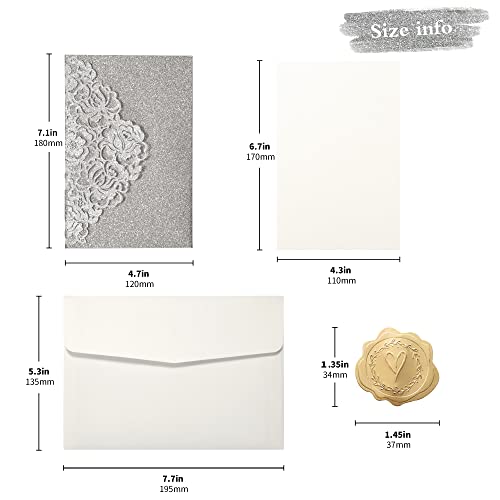 DORIS HOME 50pcs Laser Cut Quinceanera Invitations Silver Glitter, 4.7x7.1 Blank Quince Invitations for 15th Birthday, Invitation cards for Sweet 16 with Envelopes