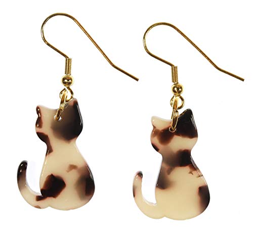 'Tortie Cat', Tortoiseshell Color Cat Drop Earrings, Goldtone Ear Wires