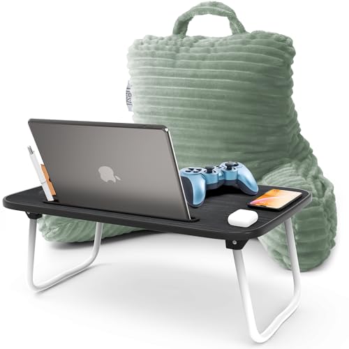 Image of Nestl Sage Green Reading Pillow with Bed Desk for Laptop and Writing, Luxe Cut Plush Back Pillow for Sitting Up, Back and Arms Adjustable Support for Kids and Teens, Foldable Lap Desk for Bed 19x11 inch