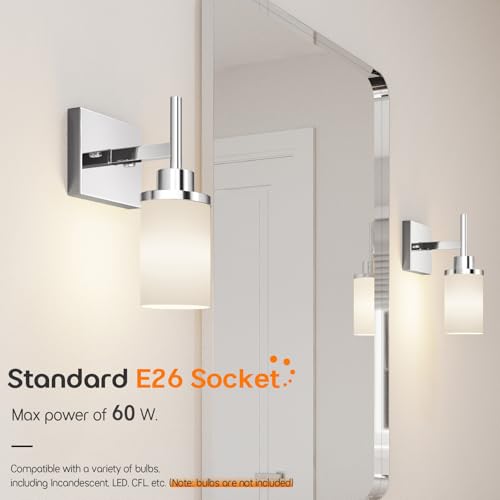 Image of Vanity Lights Polished Chrome Bathroom Light Fixtures with White Frosted Glass Shade, Wall Sconces for Mirror Hallway Entrance, 2 Pack T001CH-L1-P2