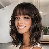 Nnzes Wig with Bangs for Women Shoulder Length Bob Wavy Women's Charming Synthetic Brown mixed Blonde Highlight Wigs with Natural Curly Heat Resistant Hair for Daily Party Use
