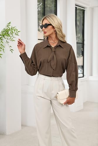 AKODOZO Womens Oversized Tie Neck Button Down Blouse Long Sleeve Shirt Business Casual Work Top for Daily Wear Coffee — view 4