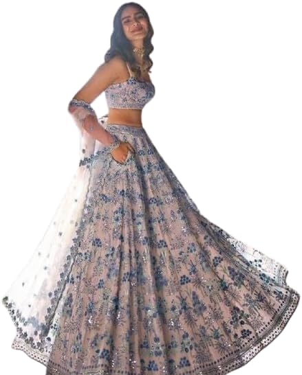 Gorgeous Sky Blue Zari Work Net Wedding Wear indian Womens Pink Printed Poly Silk Lehenga Choli with Dupatta